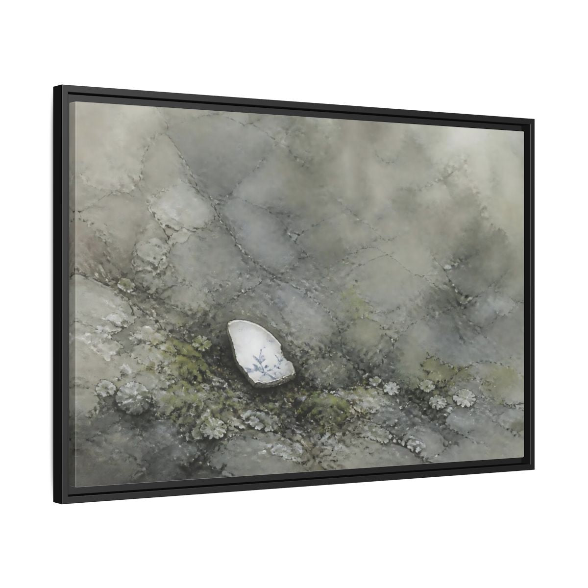 Side Mockup 13. Porcelain Shard Among Moss shown as framed canvas print