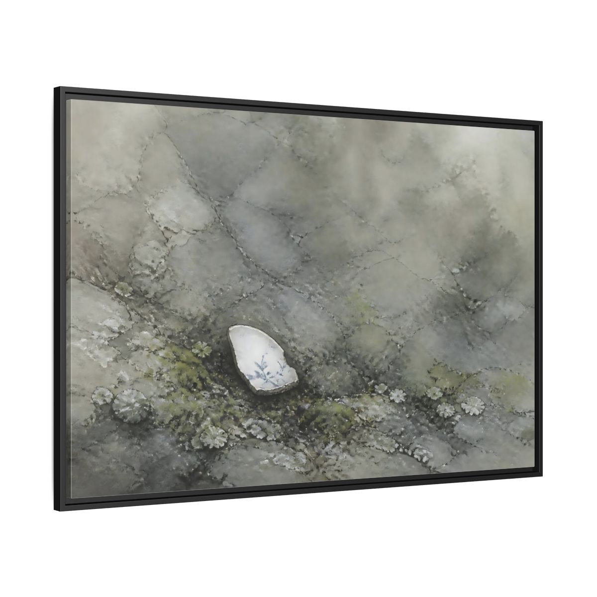 Side Mockup 12. Porcelain Shard Among Moss shown as framed canvas print