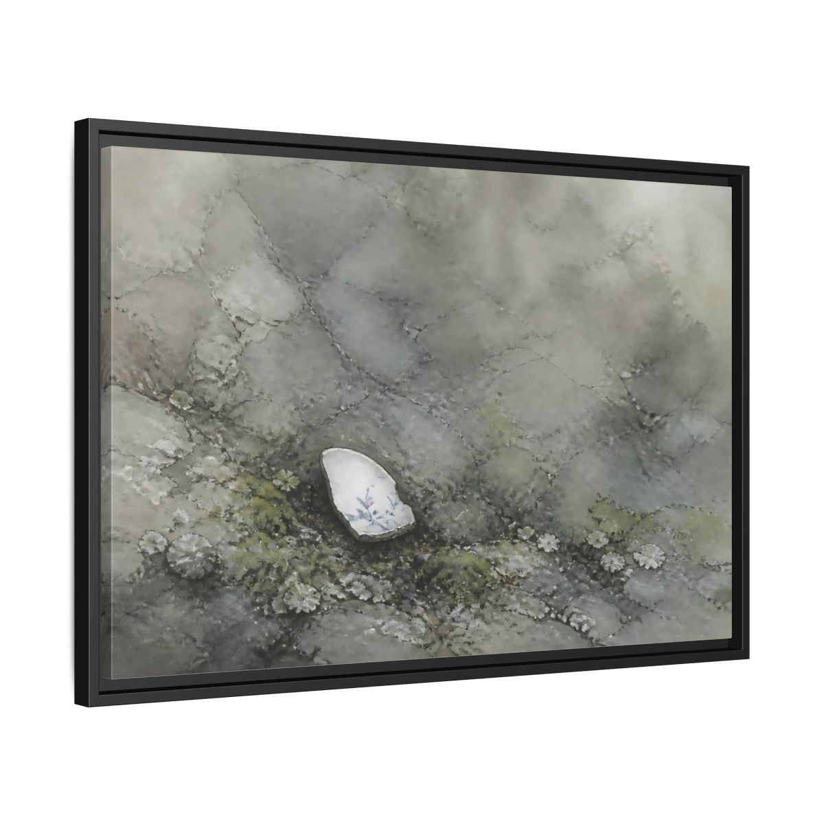 Side Mockup 14. Porcelain Shard Among Moss shown as framed canvas print