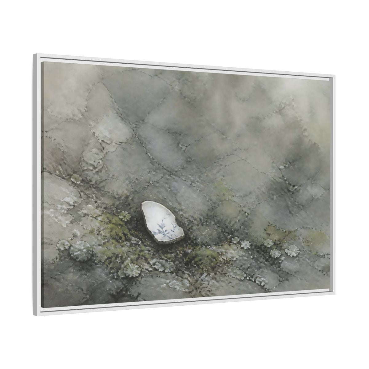 Side Mockup 7. Porcelain Shard Among Moss shown as framed canvas print