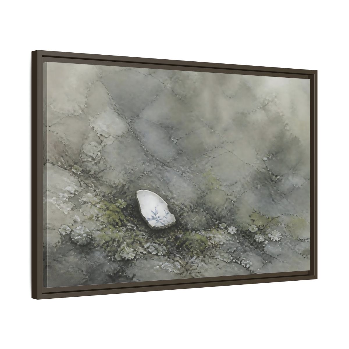 Side Mockup 11. Porcelain Shard Among Moss shown as framed canvas print