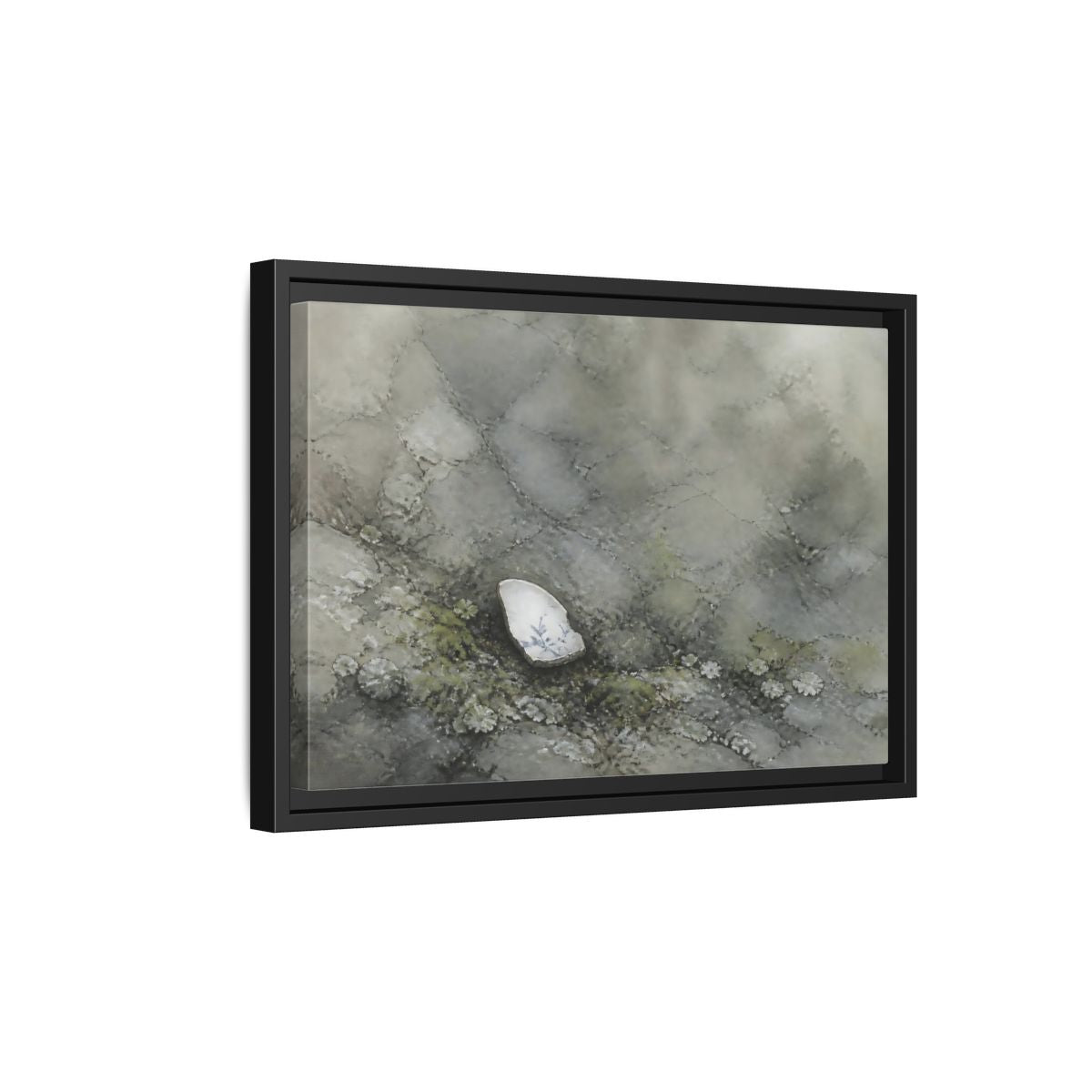 Side Mockup 6. Porcelain Shard Among Moss shown as framed canvas print