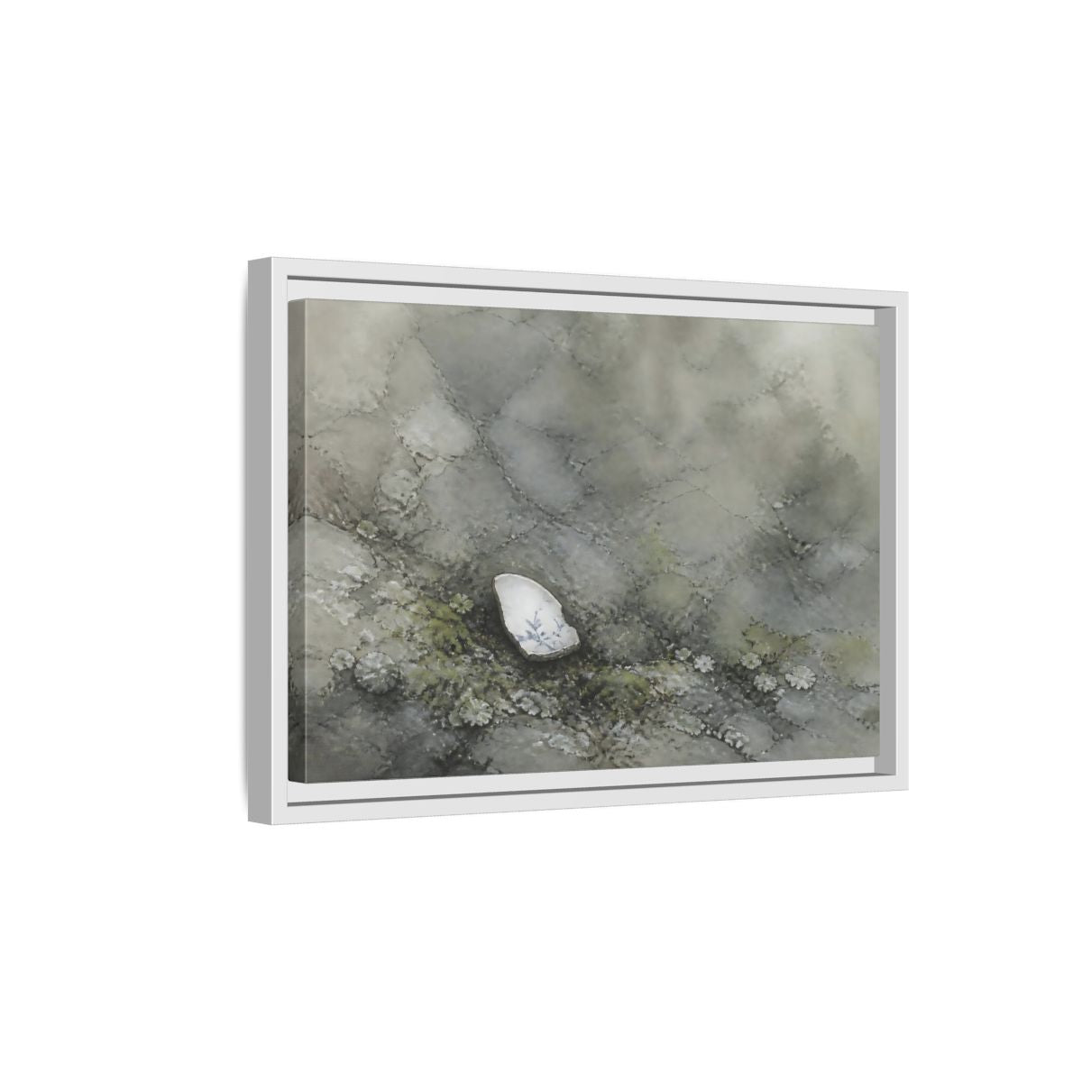 Side Mockup 4. Porcelain Shard Among Moss shown as framed canvas print