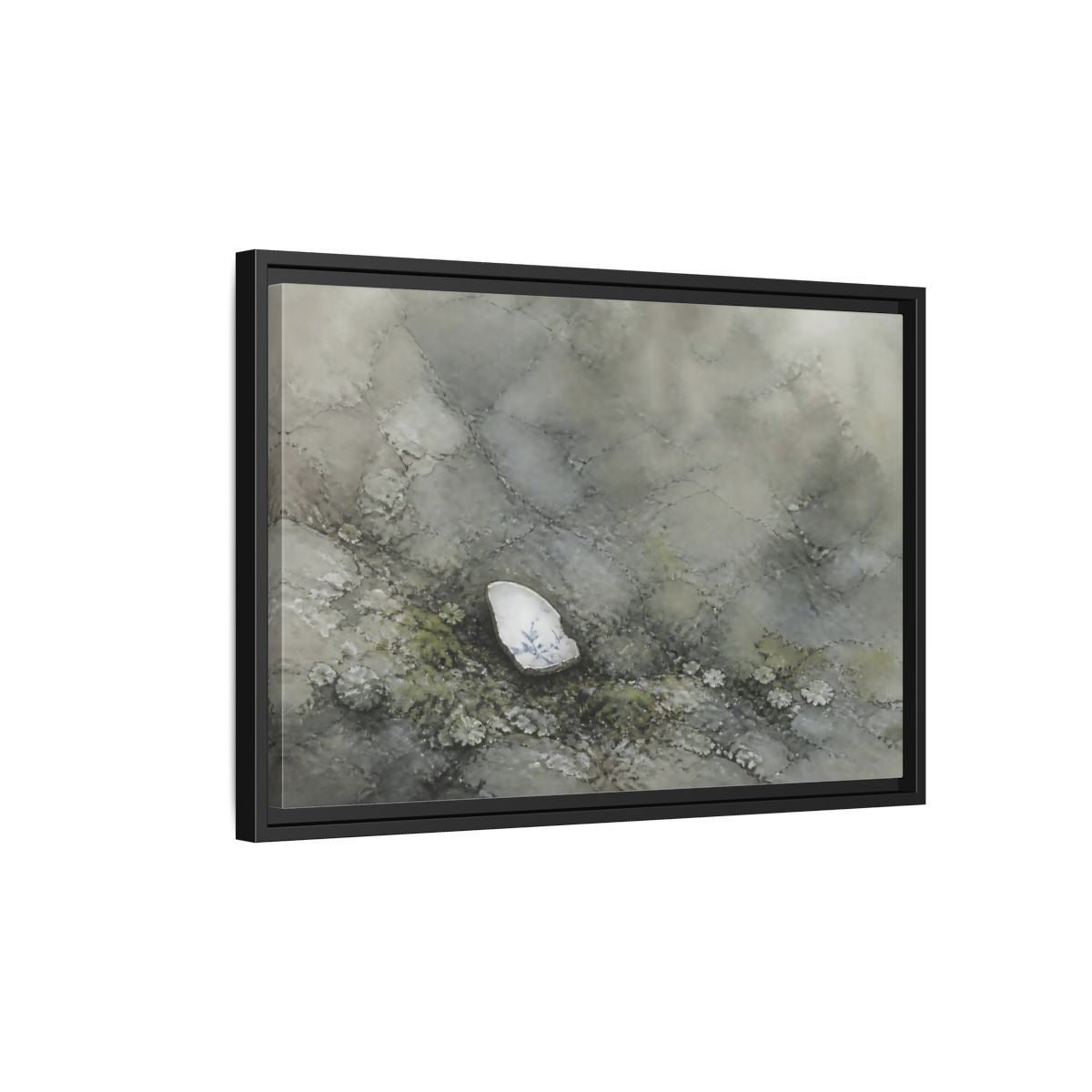 Side Mockup 3. Porcelain Shard Among Moss shown as framed canvas print