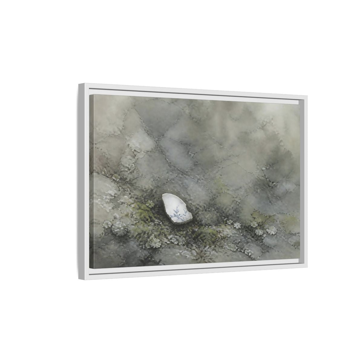 Side Mockup 1. Porcelain Shard Among Moss shown as framed canvas print