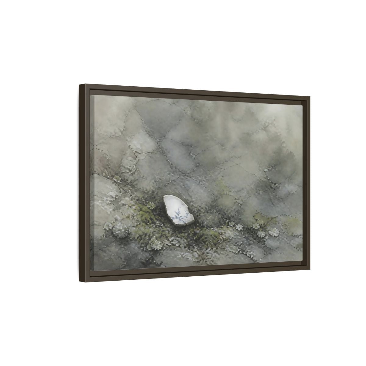 Side Mockup 2. Porcelain Shard Among Moss shown as framed canvas print