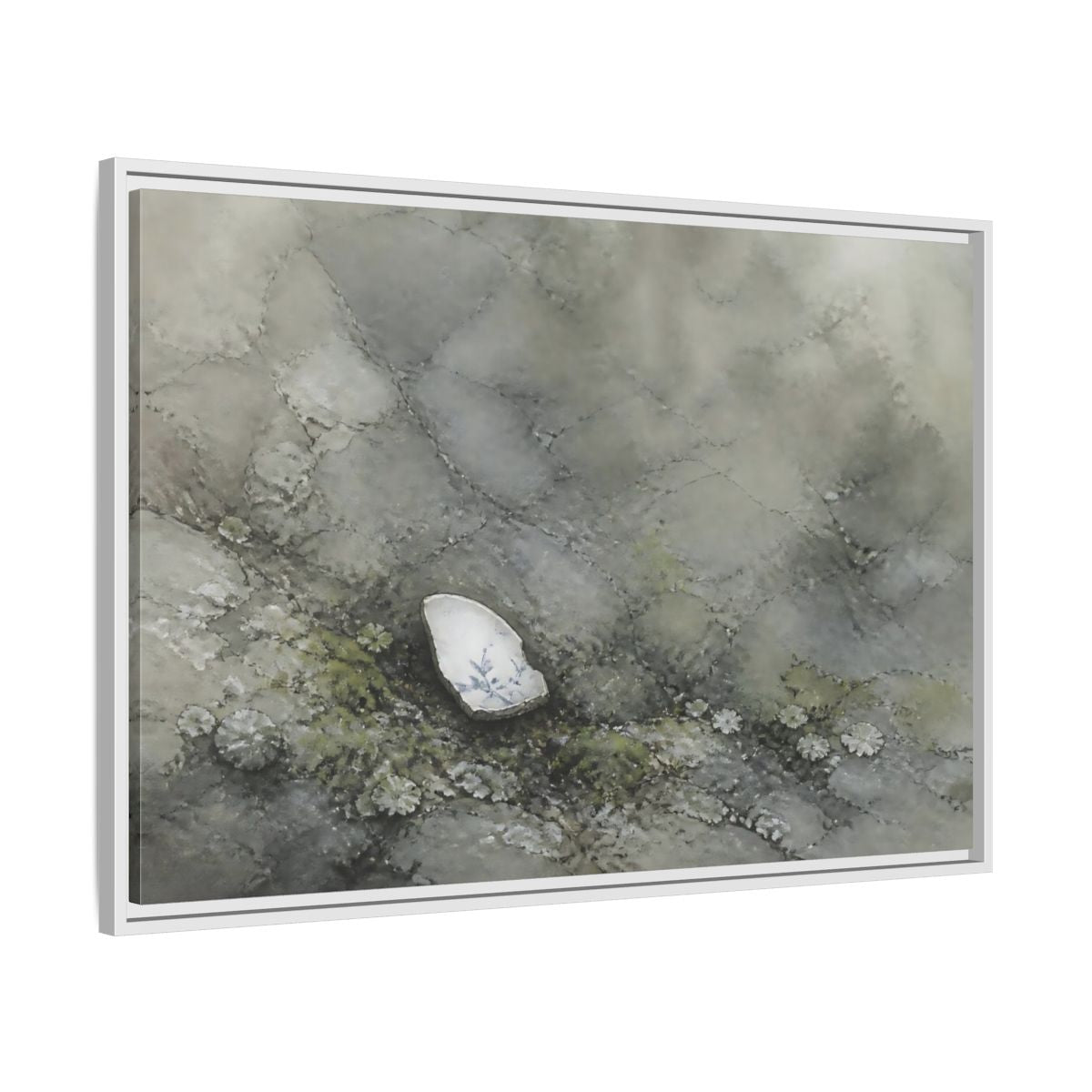 Side Mockup 9. Porcelain Shard Among Moss shown as framed canvas print