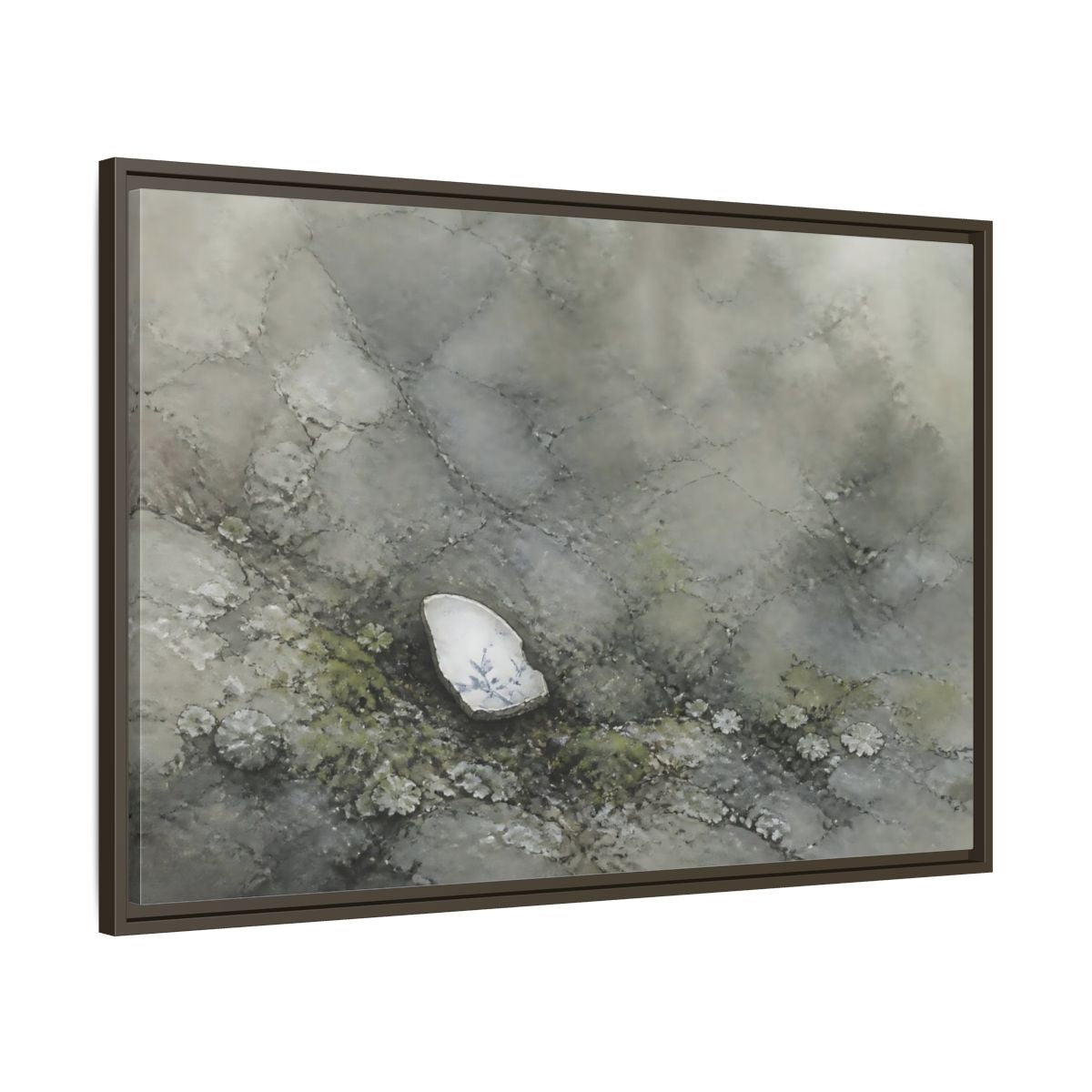 Main Mockup. Porcelain Shard Among Moss shown as framed canvas print
