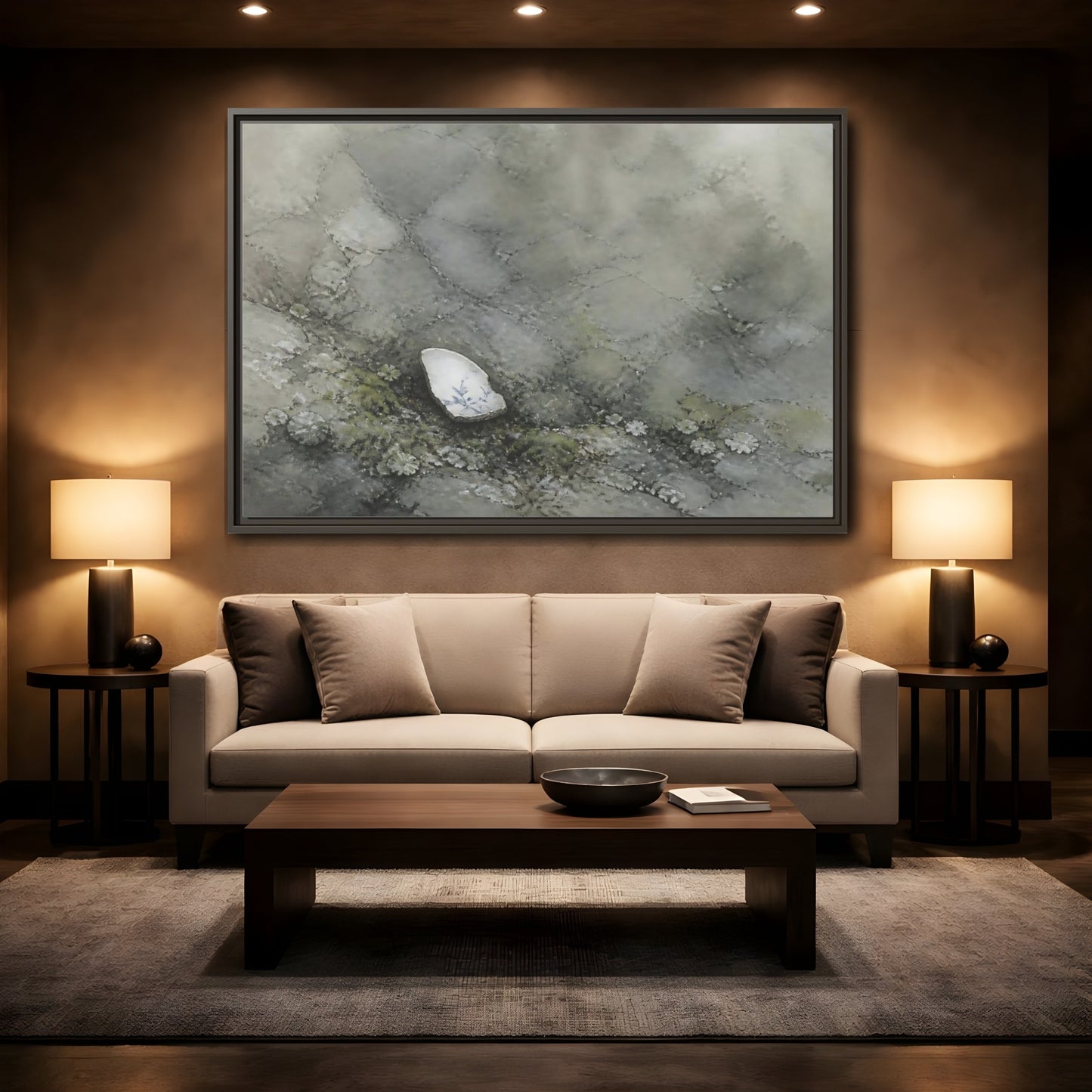 Mockup 2. Porcelain Shard Among Moss shown as framed canvas print