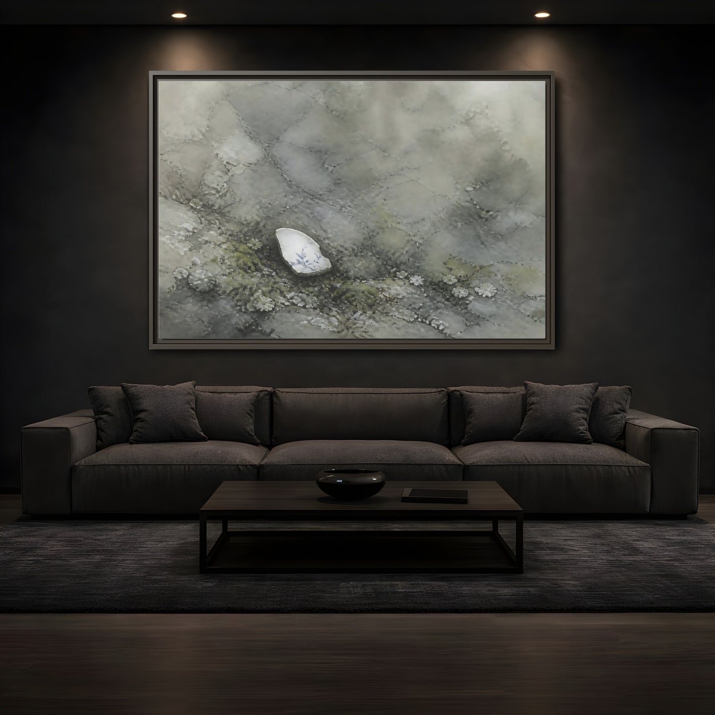 Mockup 3. Porcelain Shard Among Moss shown as framed canvas print
