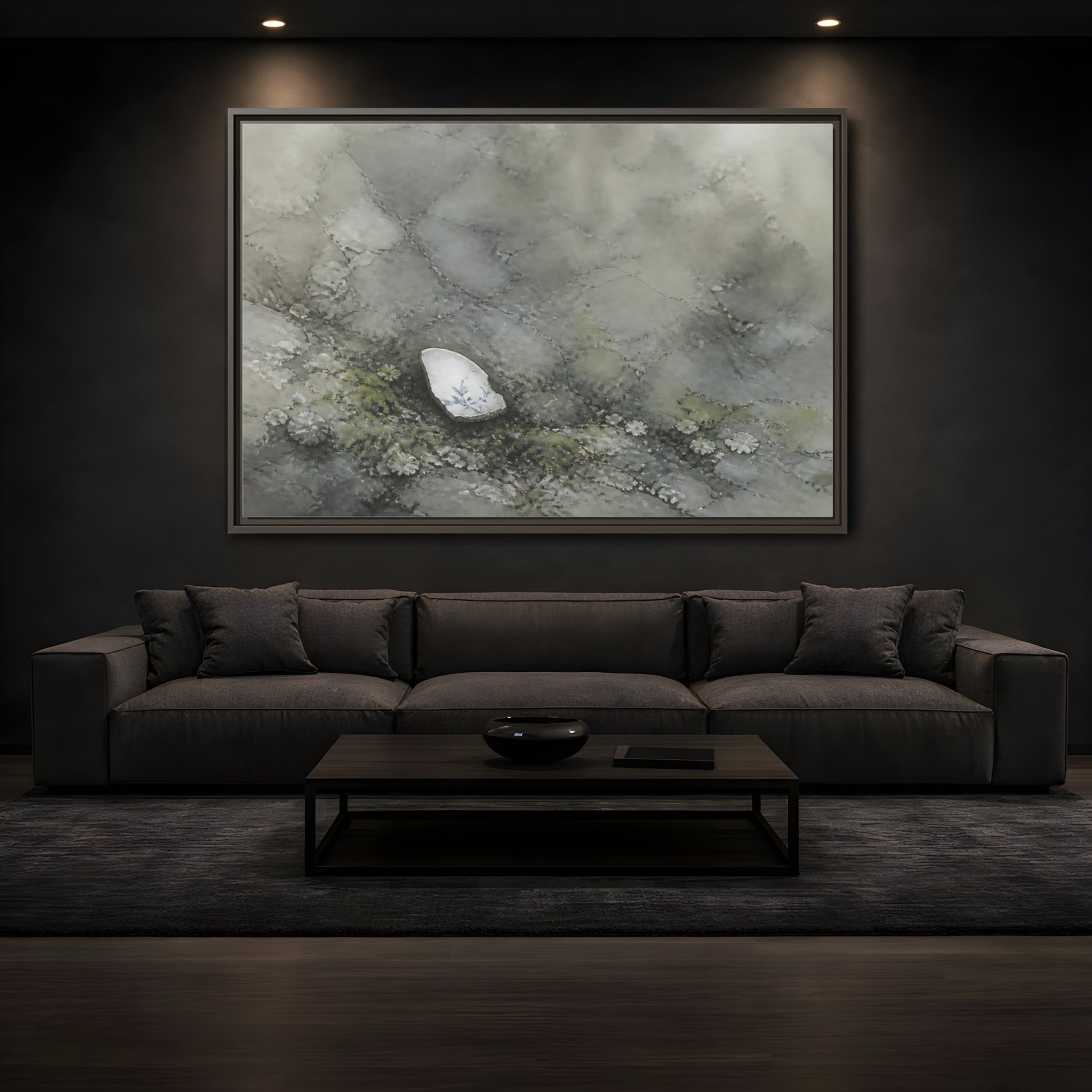 Mockup 3. Porcelain Shard Among Moss shown as framed canvas print