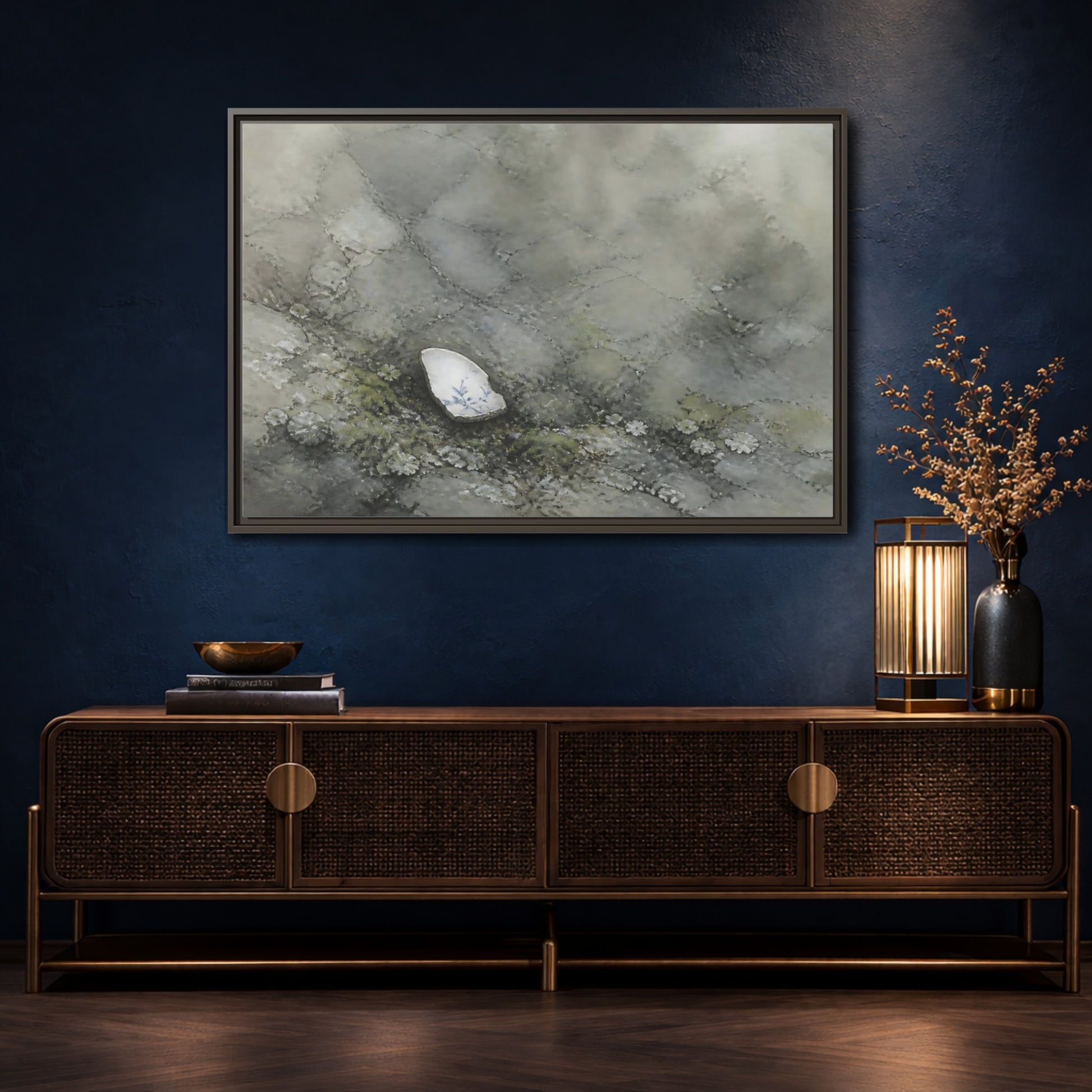 Mockup 4. Porcelain Shard Among Moss shown as framed canvas print