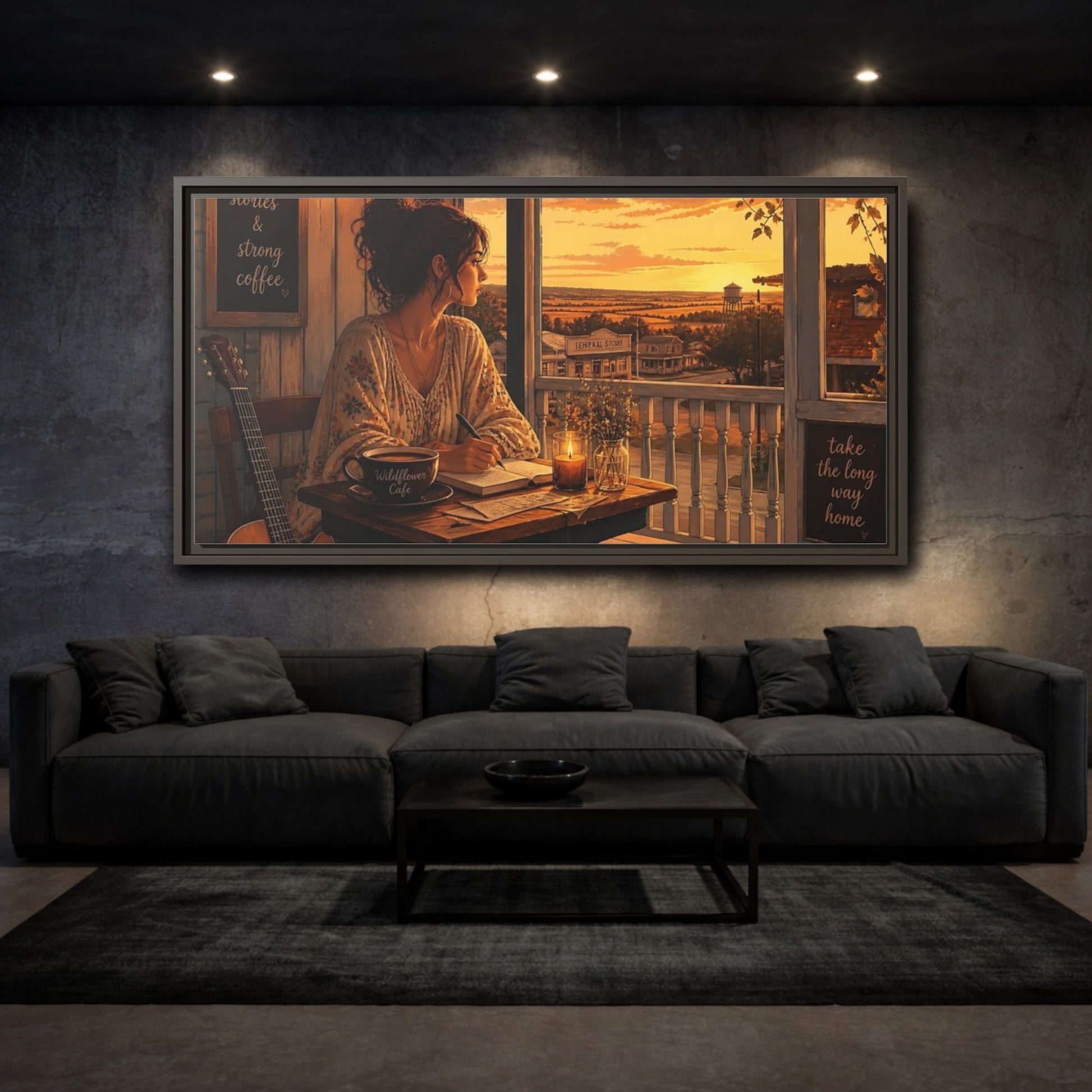 Mockup 3. Porch Sunset Journaling shown as framed canvas print