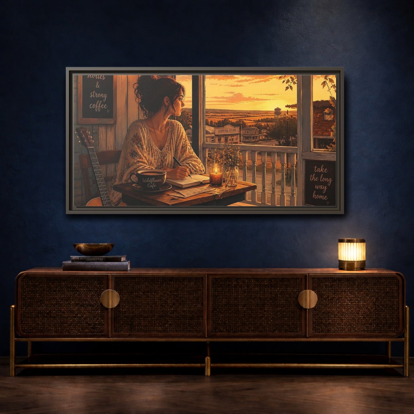 Mockup 4. Porch Sunset Journaling shown as framed canvas print