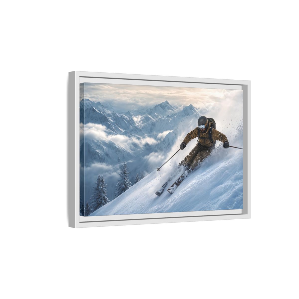 Side Mockup 4. Powder Mountain Skier shown as framed canvas print