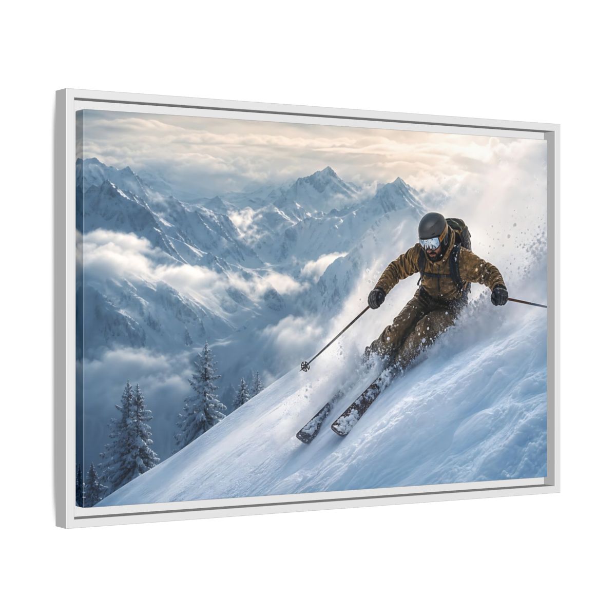 Side Mockup 10. Powder Mountain Skier shown as framed canvas print