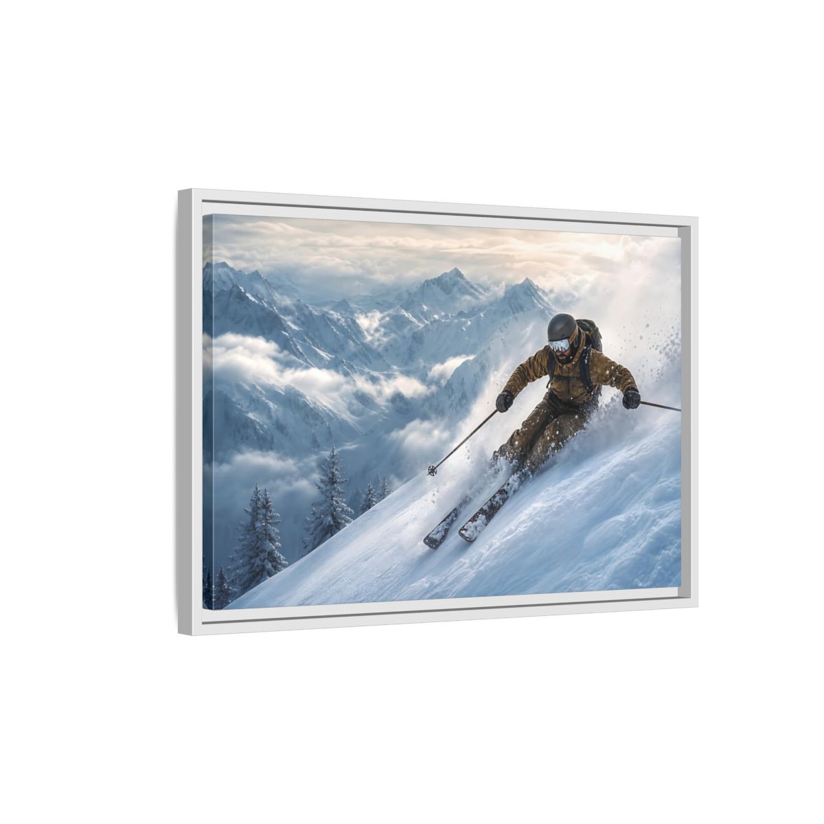 Side Mockup 1. Powder Mountain Skier shown as framed canvas print