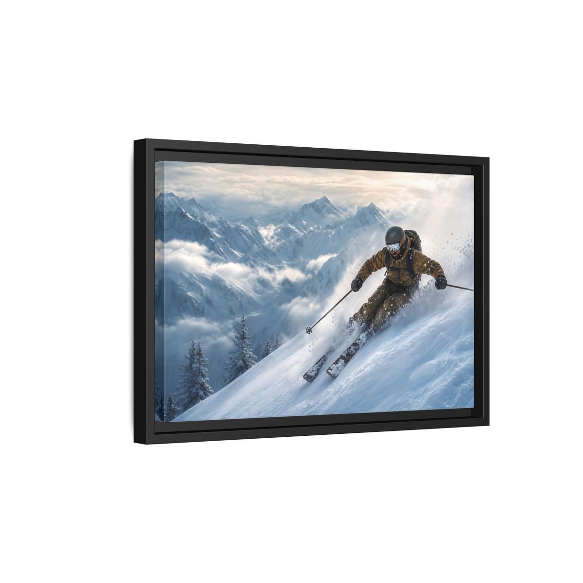 Side Mockup 6. Powder Mountain Skier shown as framed canvas print