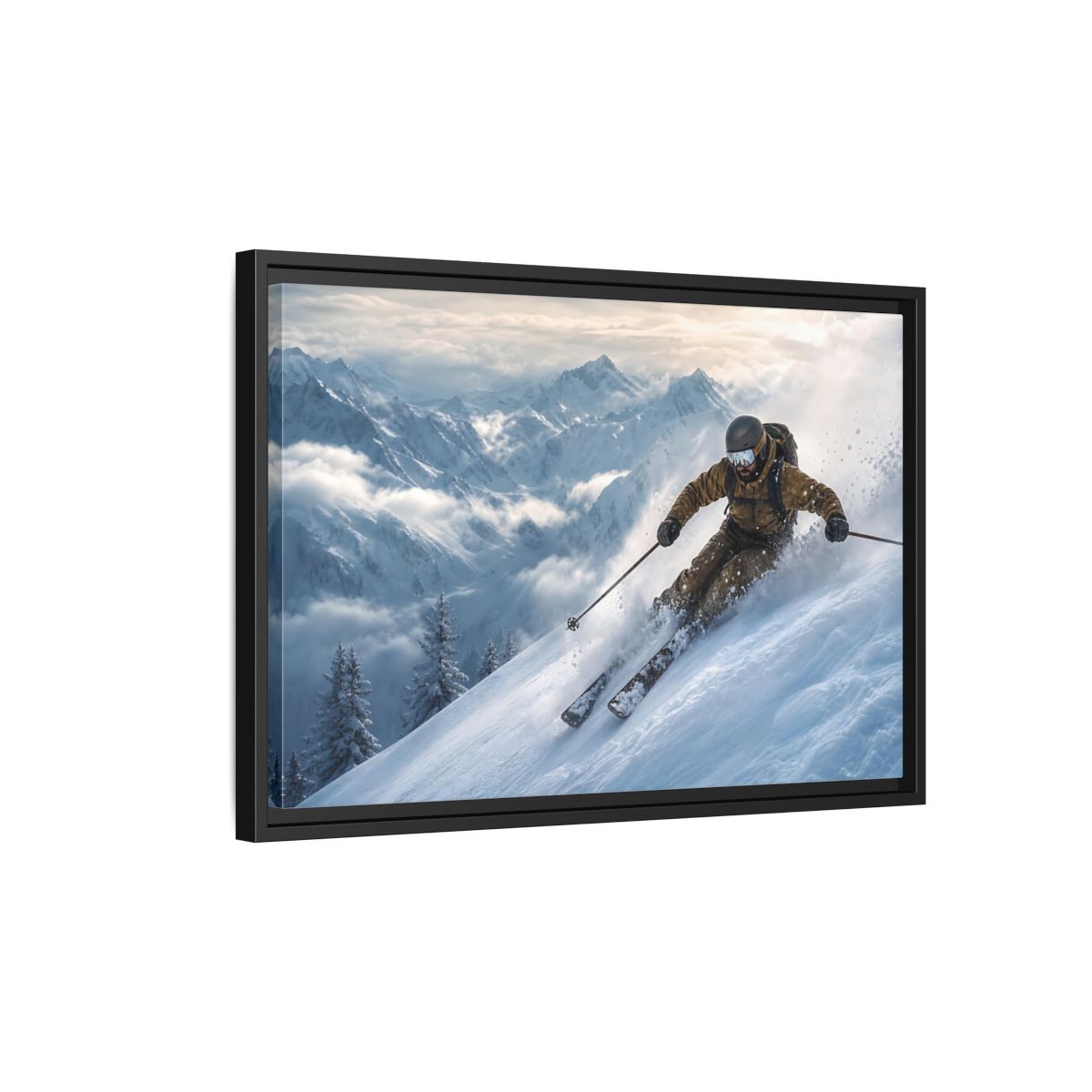 Side Mockup 3. Powder Mountain Skier shown as framed canvas print