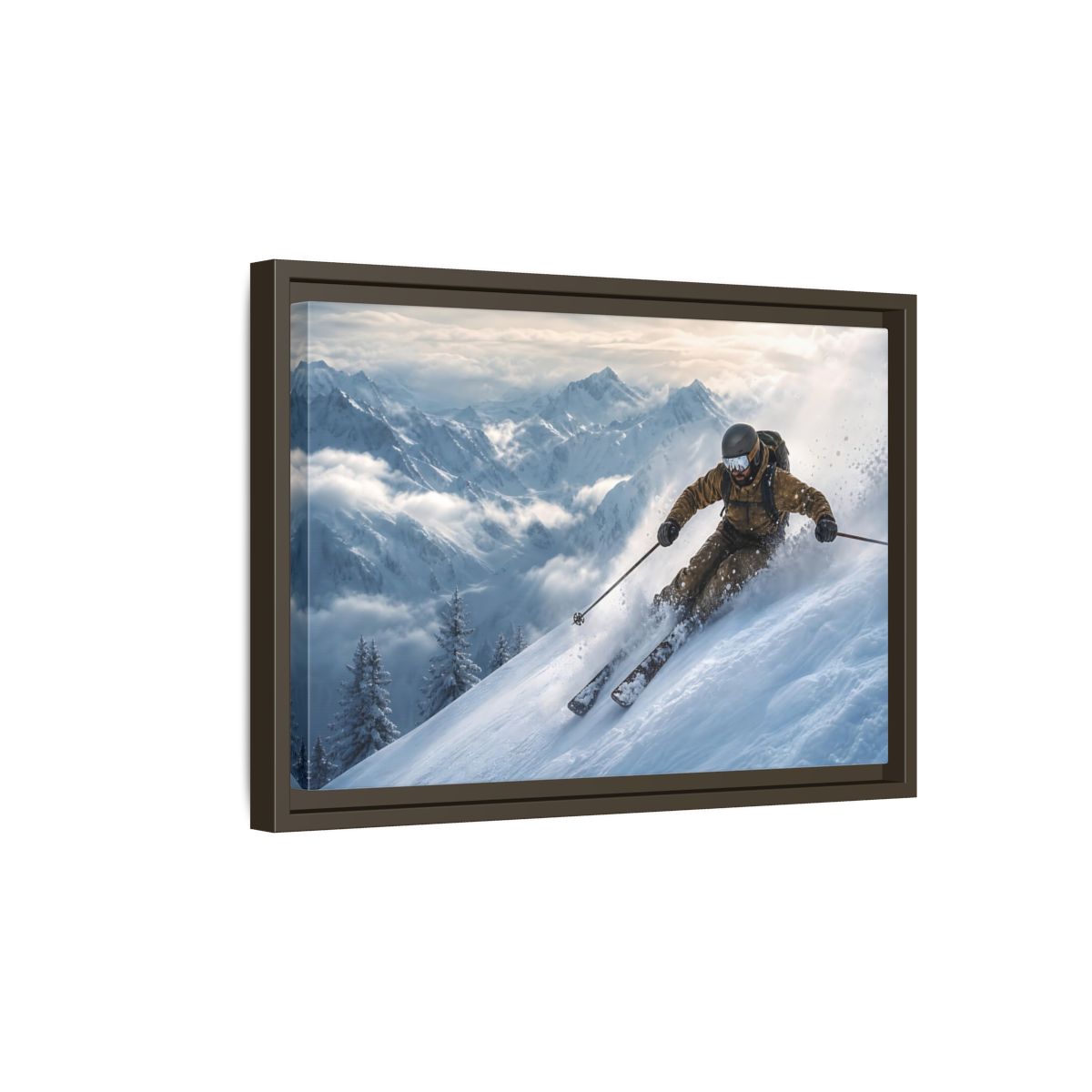 Side Mockup 5. Powder Mountain Skier shown as framed canvas print