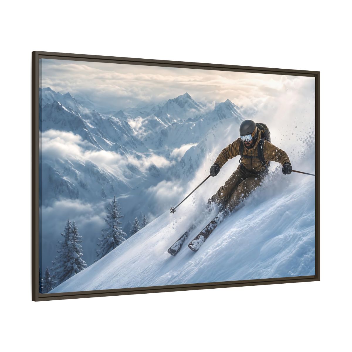 Side Mockup 8. Powder Mountain Skier shown as framed canvas print