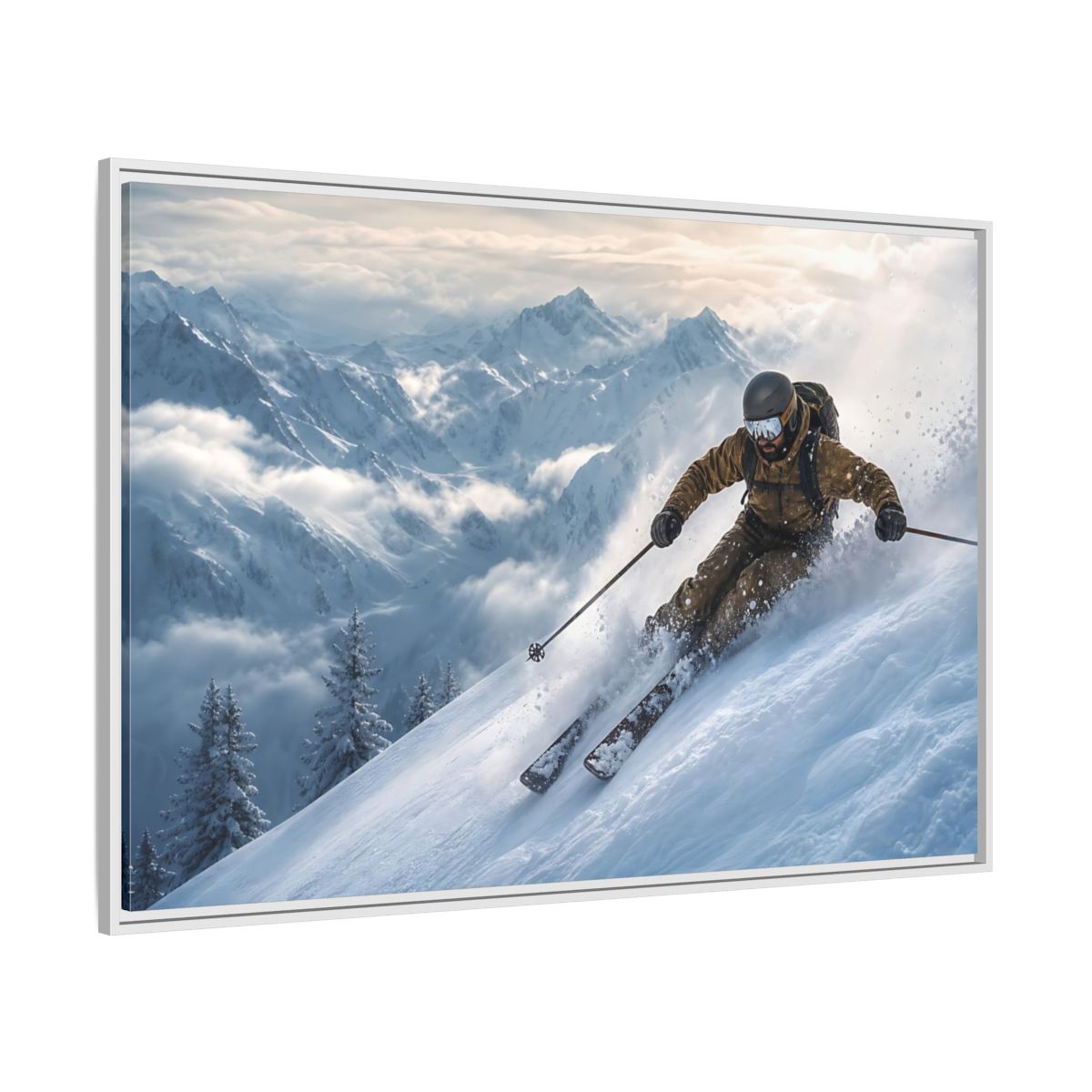 Side Mockup 7. Powder Mountain Skier shown as framed canvas print