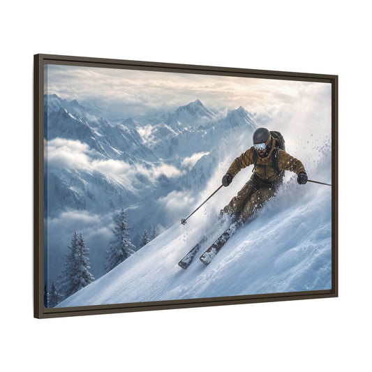 Main Mockup. Powder Mountain Skier shown as framed canvas print