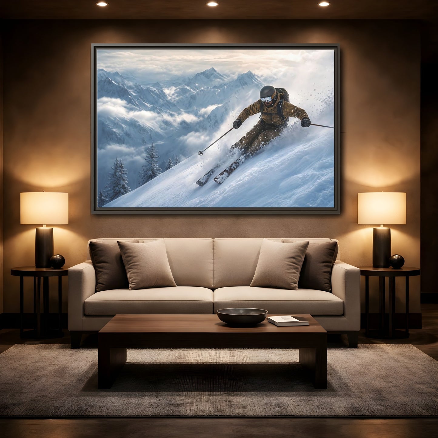 Mockup 2. Powder Mountain Skier shown as framed canvas print