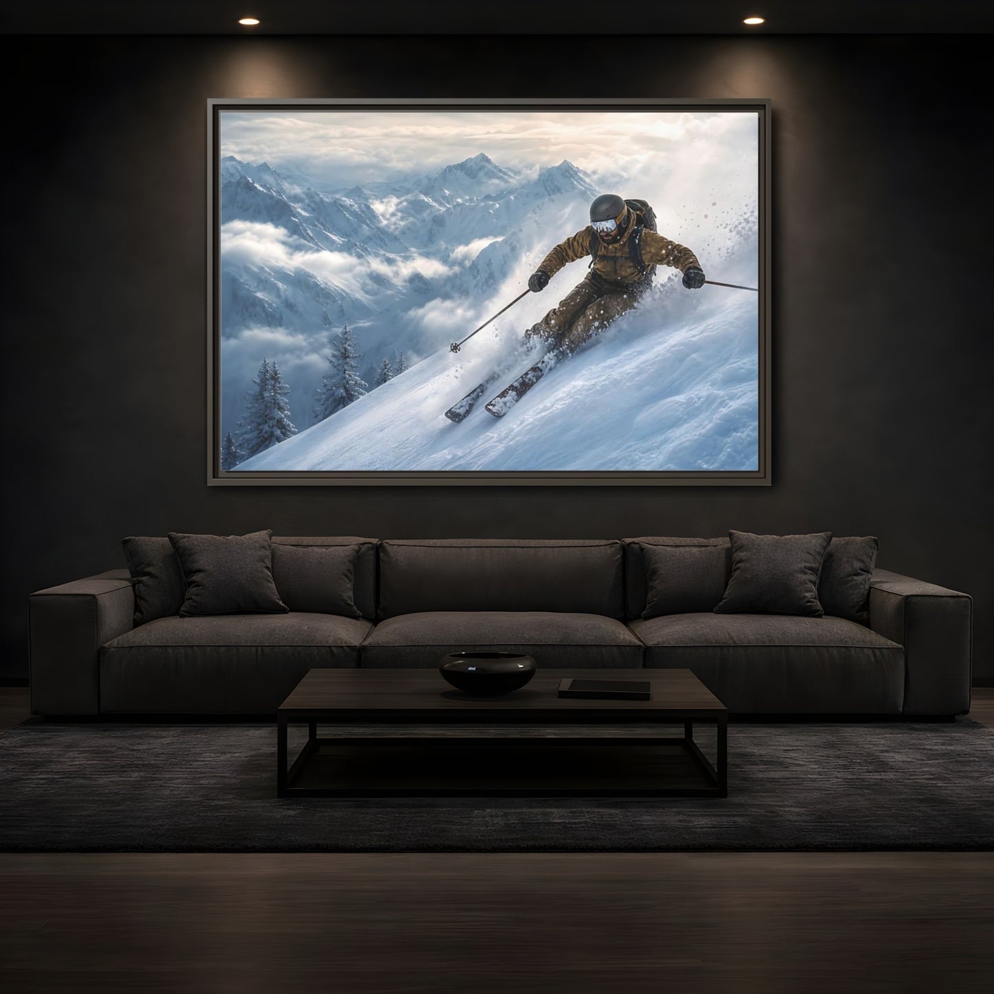 Mockup 3. Powder Mountain Skier shown as framed canvas print