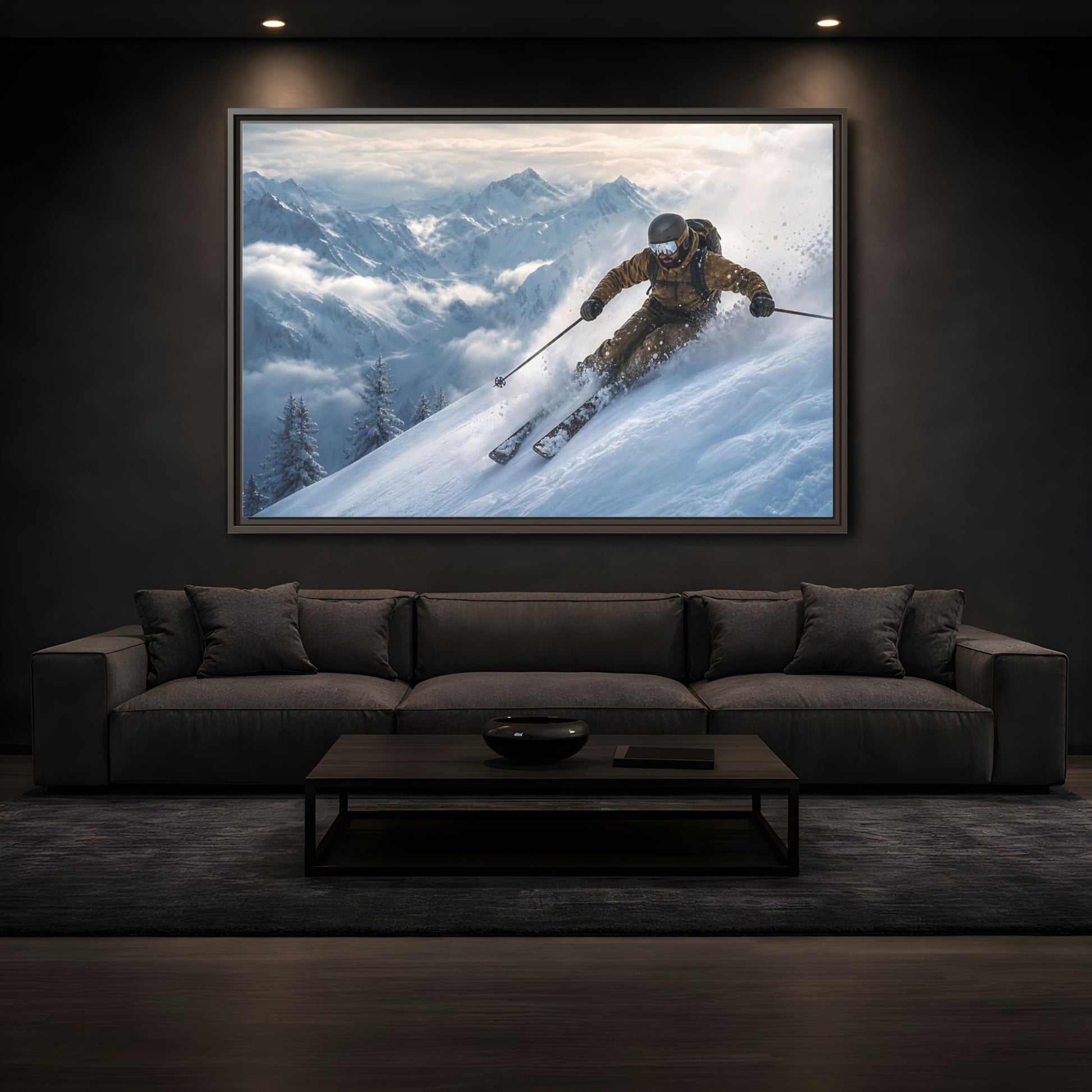 Mockup 3. Powder Mountain Skier shown as framed canvas print