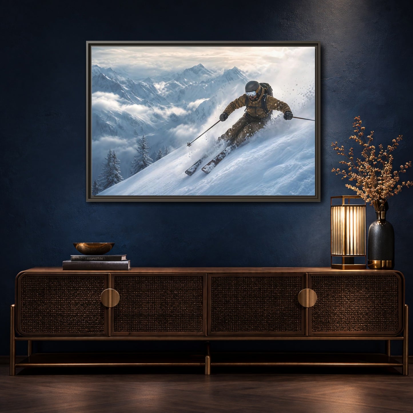 Mockup 4. Powder Mountain Skier shown as framed canvas print