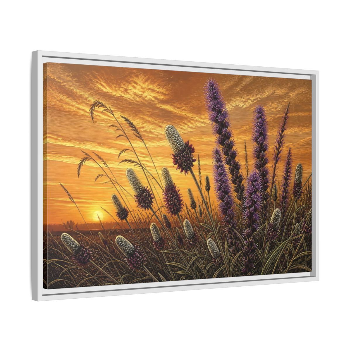 Side Mockup 10. Prairie Blazing Star Sunset shown as framed canvas print