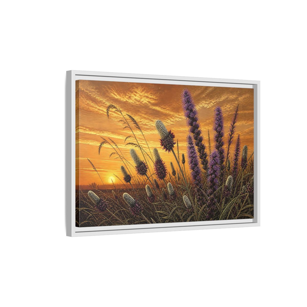 Side Mockup 1. Prairie Blazing Star Sunset shown as framed canvas print