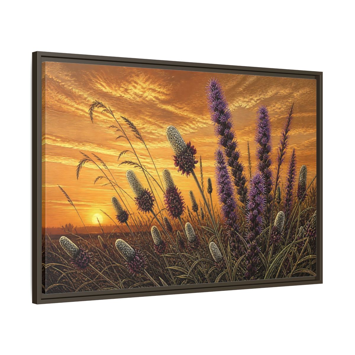 Main Mockup. Prairie Blazing Star Sunset shown as framed canvas print