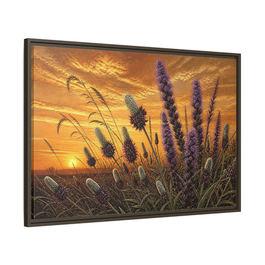 Main Mockup. Prairie Blazing Star Sunset shown as framed canvas print