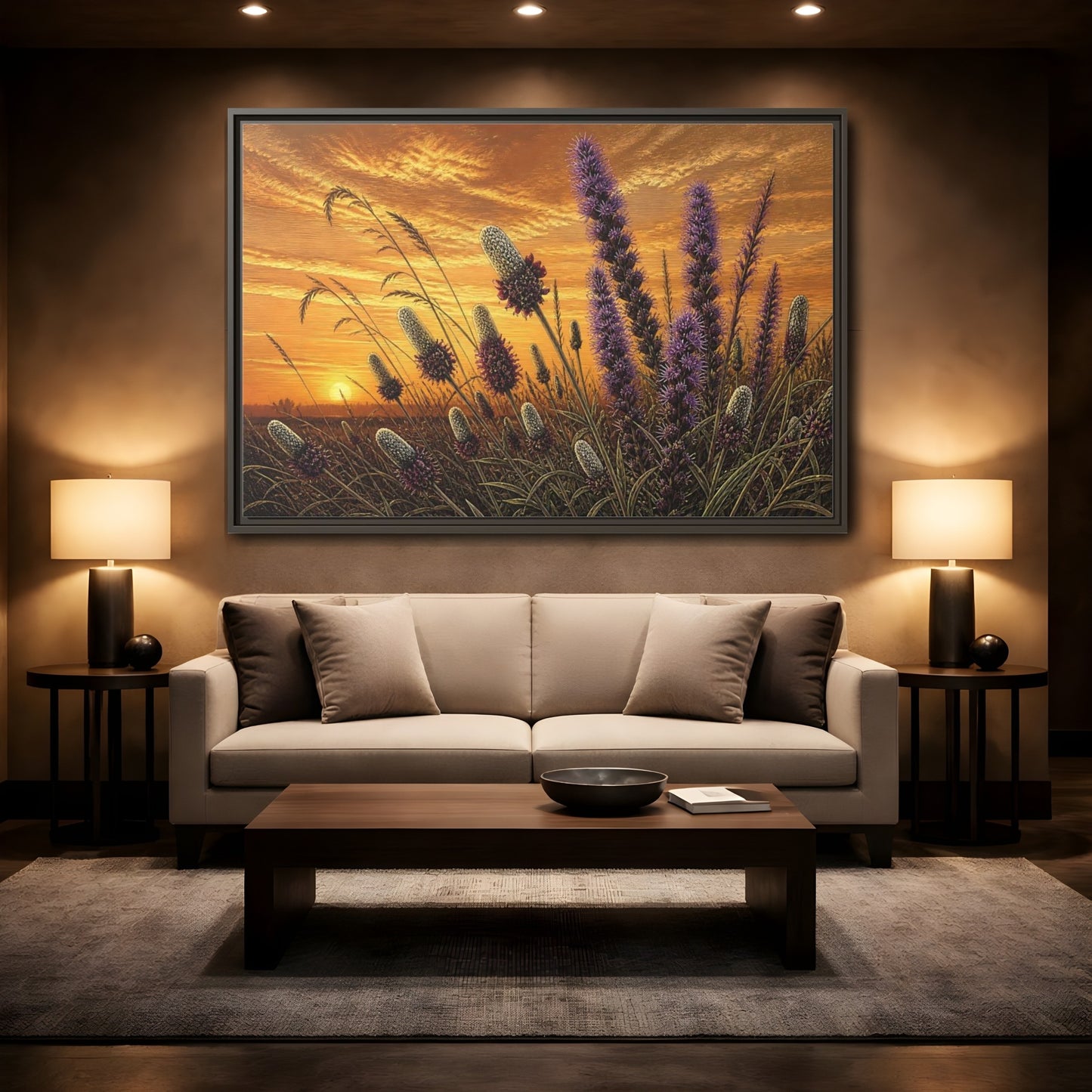 Mockup 2. Prairie Blazing Star Sunset shown as framed canvas print