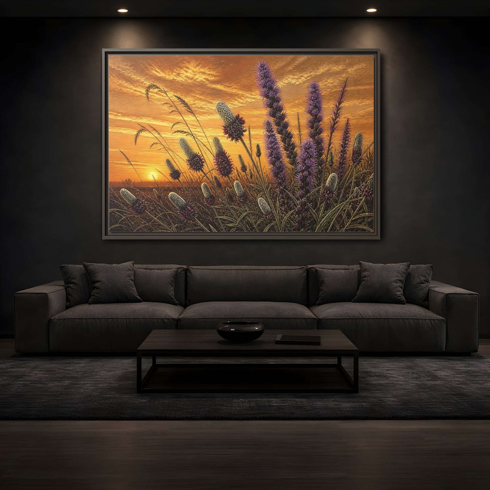 Mockup 3. Prairie Blazing Star Sunset shown as framed canvas print