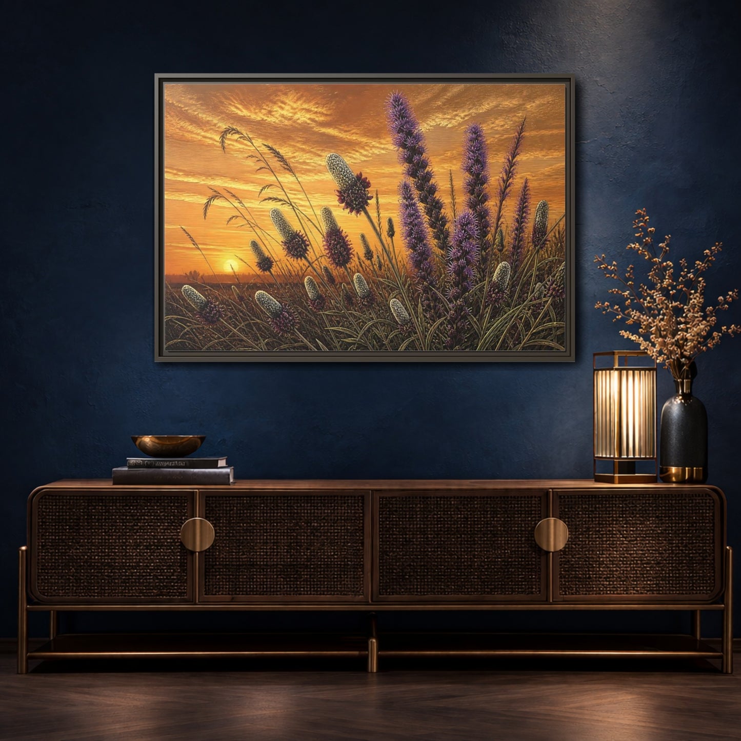 Mockup 4. Prairie Blazing Star Sunset shown as framed canvas print