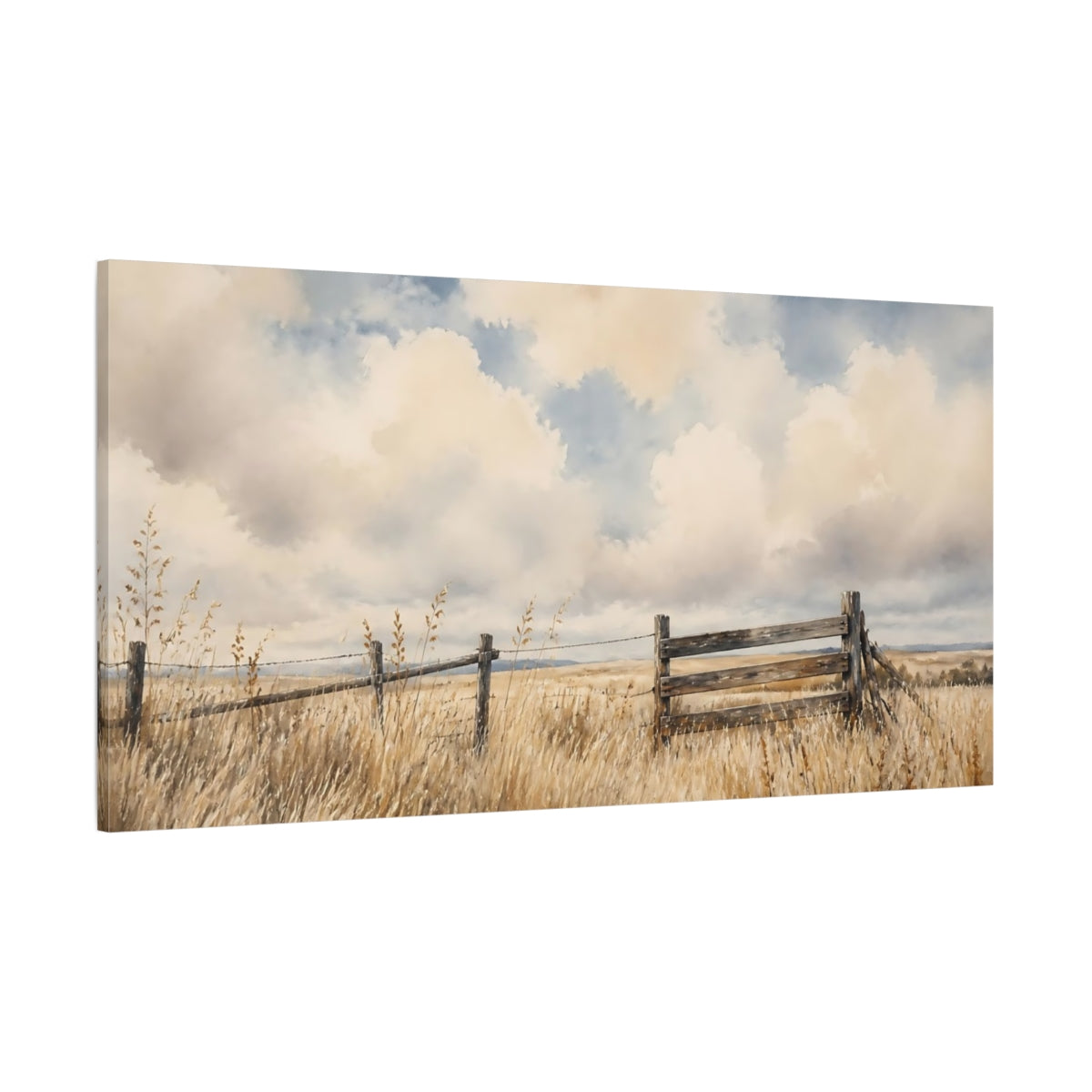 Side Mockup 2. Prairie Fence Under Clouds shown as canvas print
