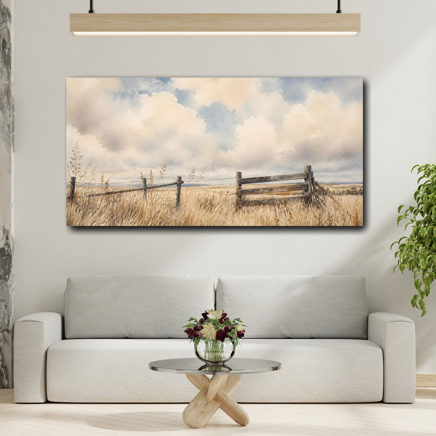 Mockup 2. Prairie Fence Under Clouds shown as canvas print