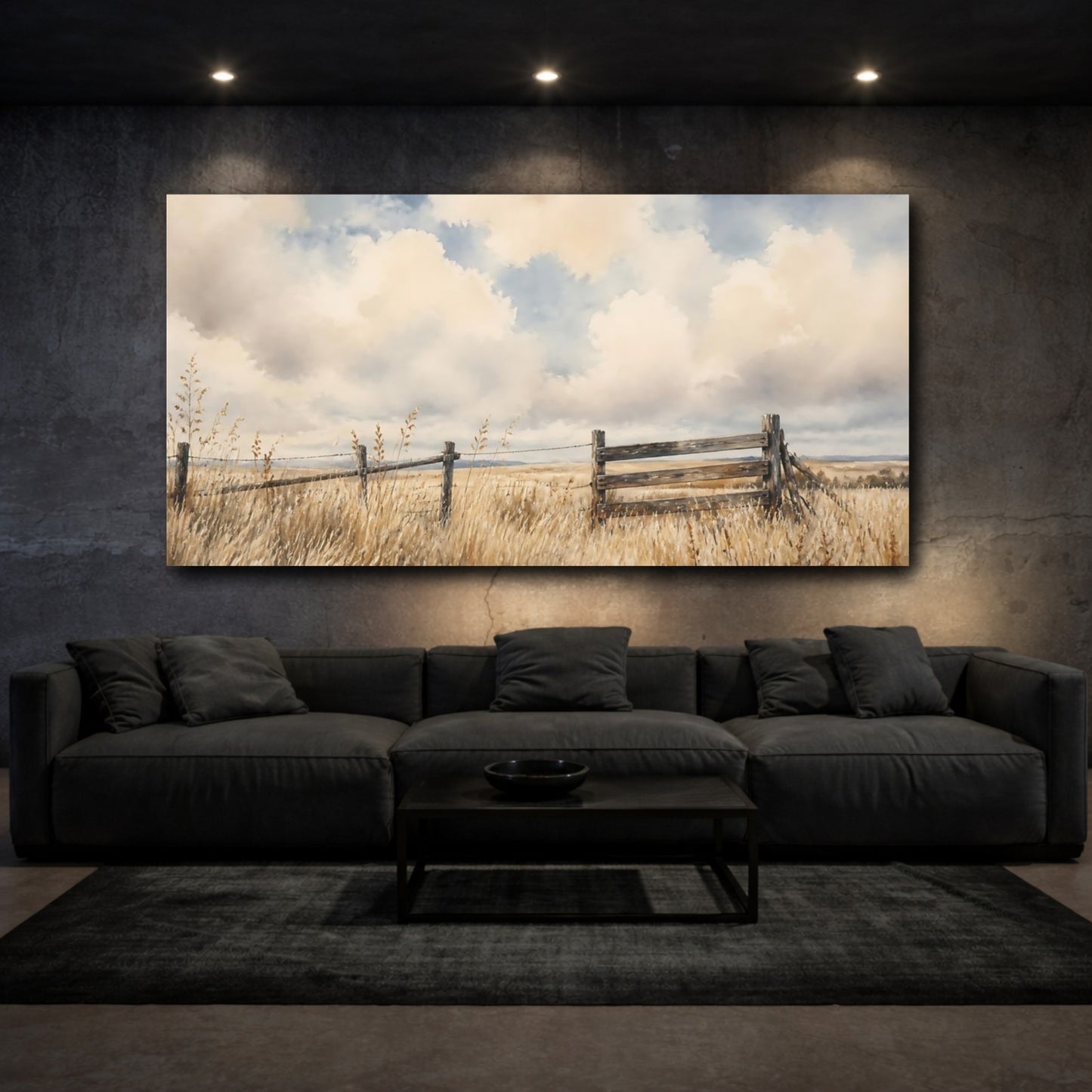 Mockup 3. Prairie Fence Under Clouds shown as canvas print