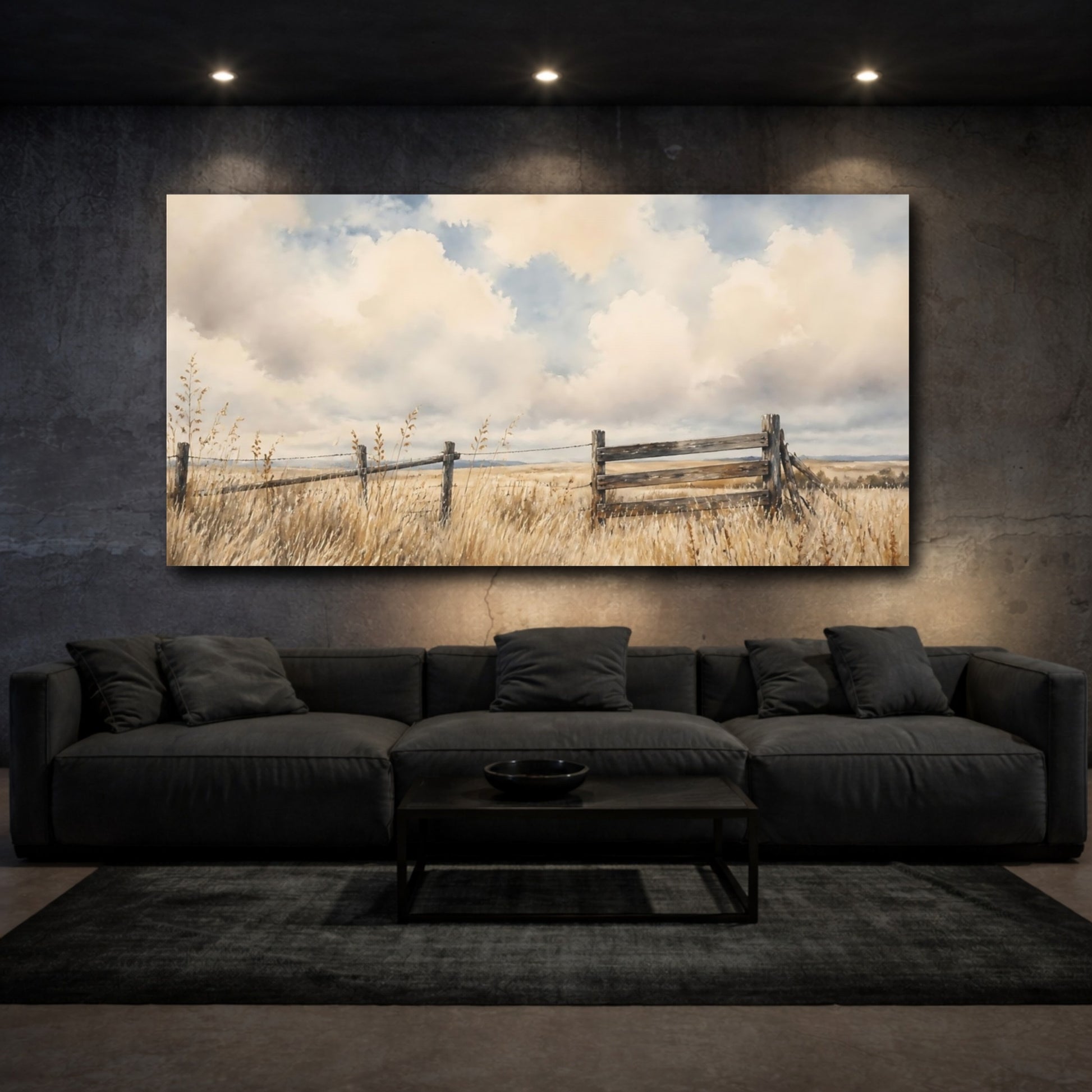 Mockup 3. Prairie Fence Under Clouds shown as canvas print