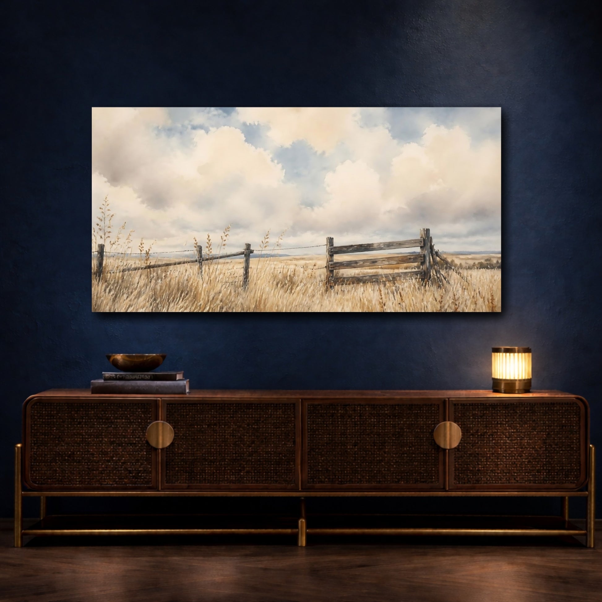 Mockup 4. Prairie Fence Under Clouds shown as canvas print