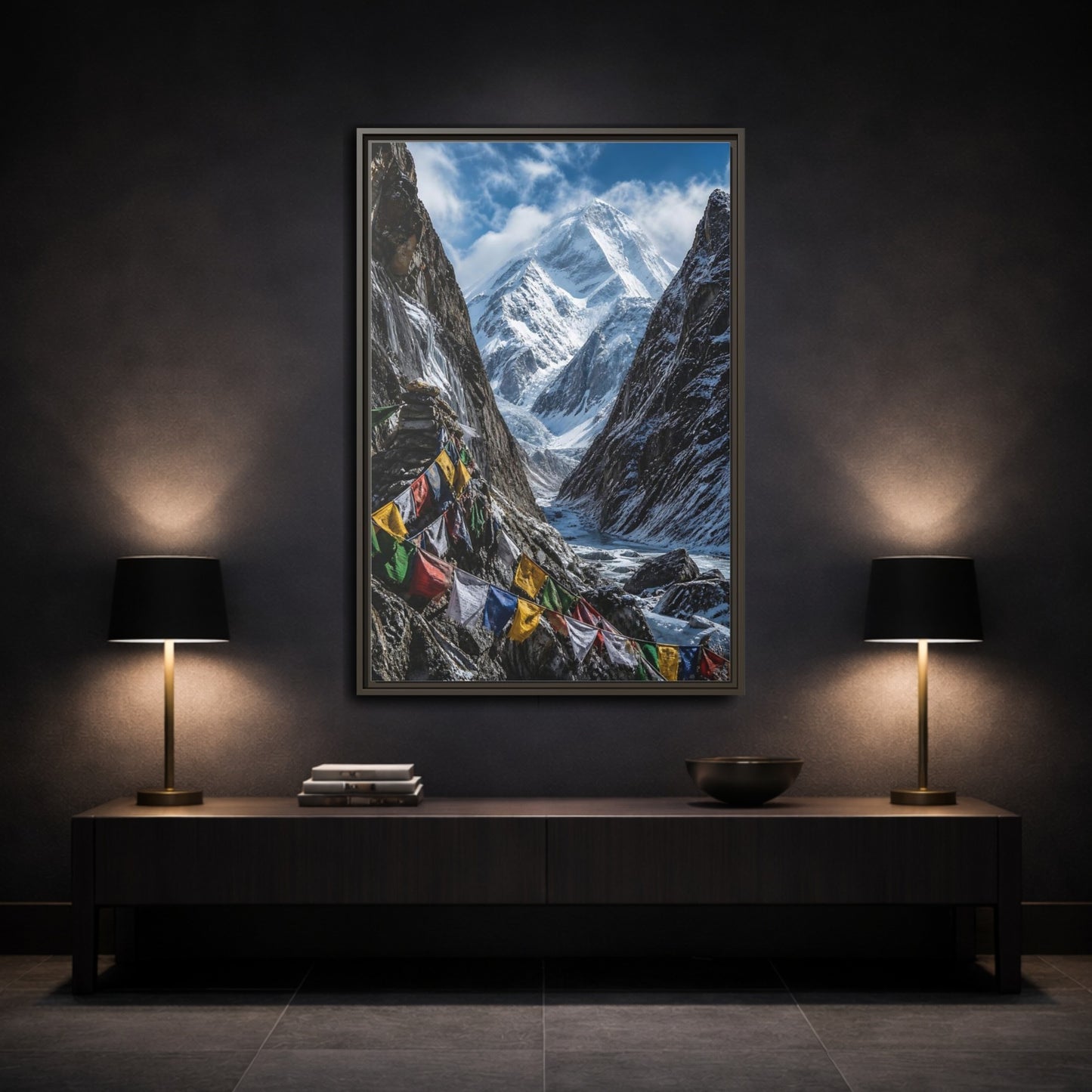 Mockup 3. Prayer Flags & Snow Peak shown as framed canvas print