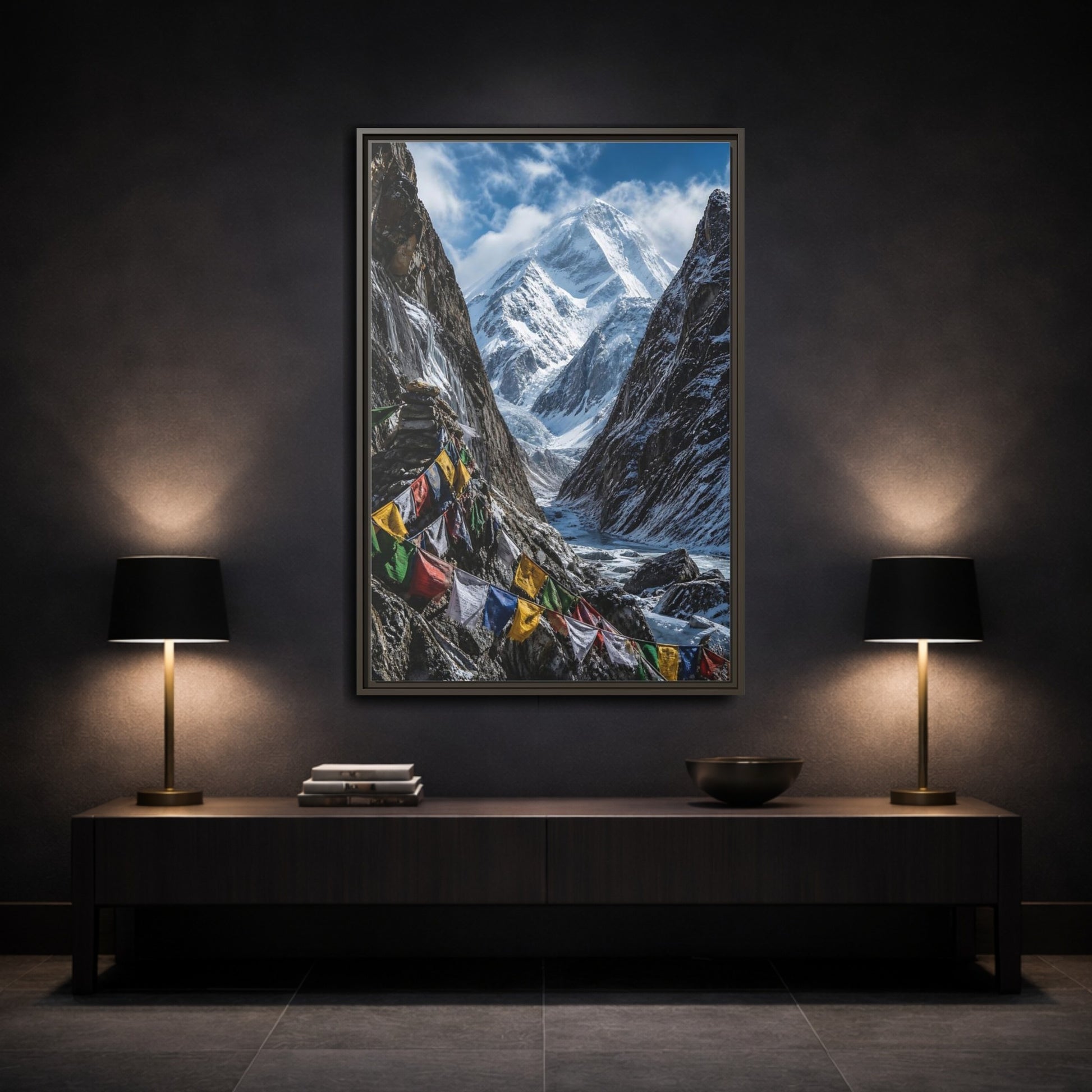 Mockup 3. Prayer Flags & Snow Peak shown as framed canvas print