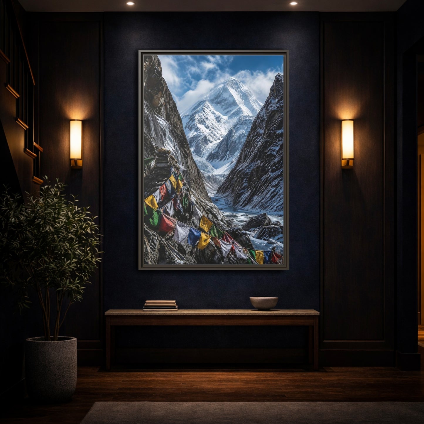 Mockup 4. Prayer Flags & Snow Peak shown as framed canvas print