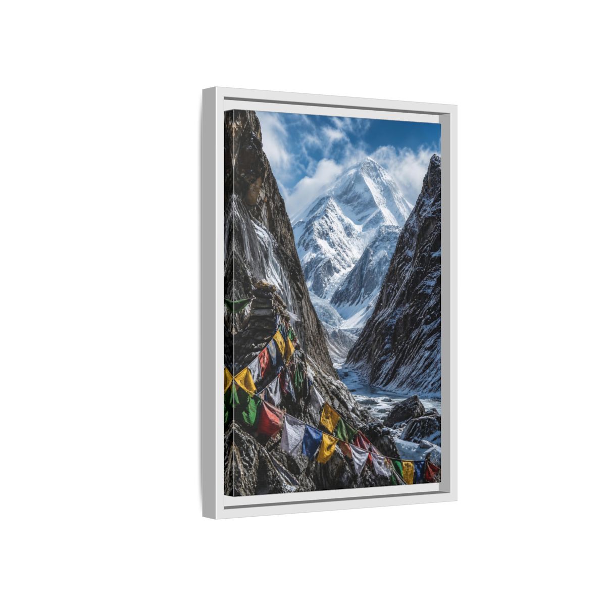 Side Mockup 4. Prayer Flags & Snow Peak shown as framed canvas print