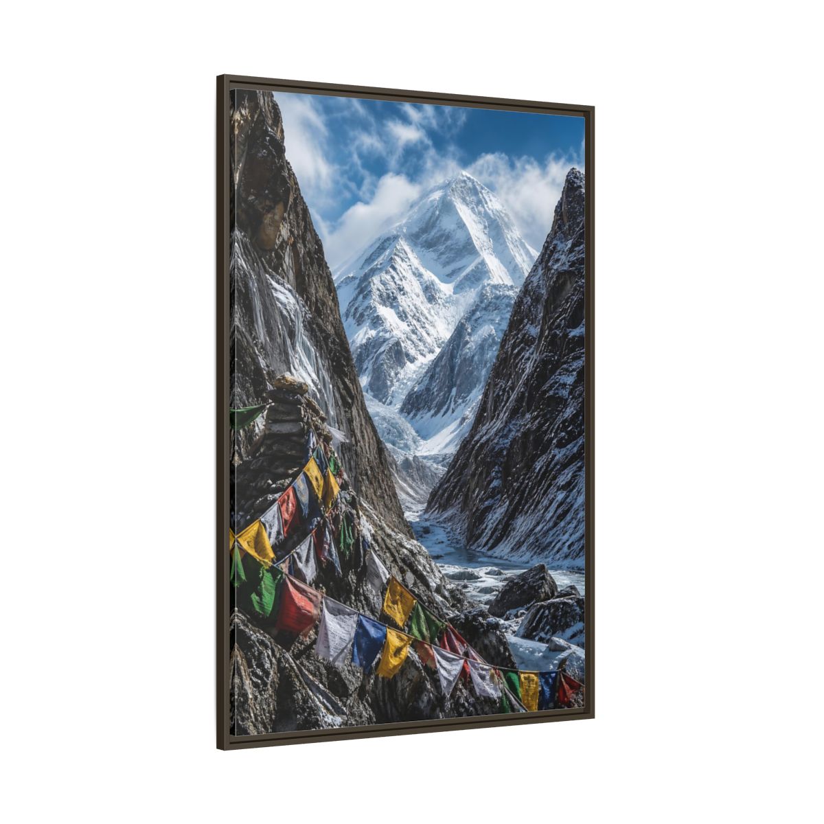 Side Mockup 8. Prayer Flags & Snow Peak shown as framed canvas print