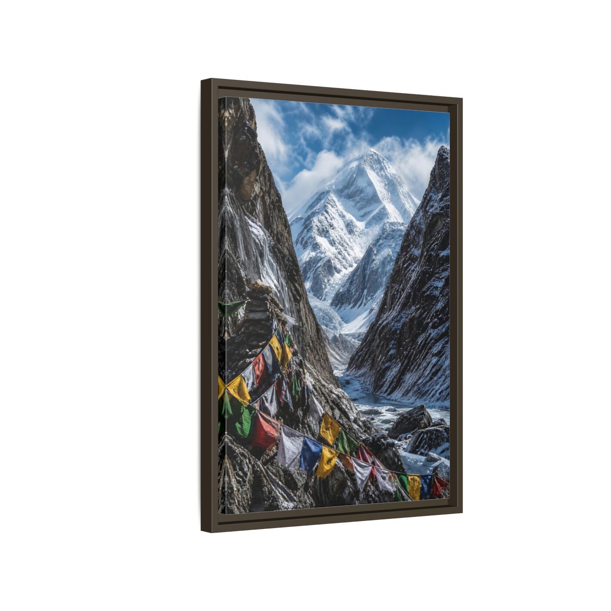 Side Mockup 2. Prayer Flags & Snow Peak shown as framed canvas print