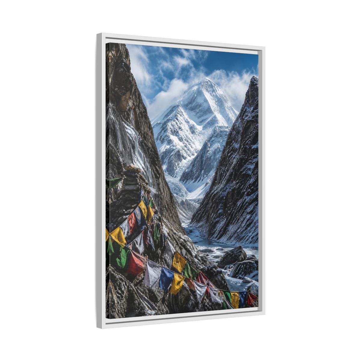 Side Mockup 10. Prayer Flags & Snow Peak shown as framed canvas print